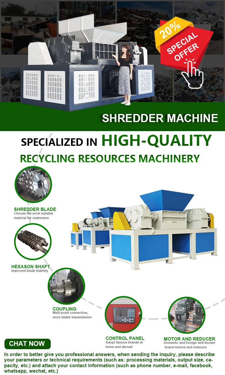 Industrial Waste Car Body Tire Recycling Two Shaft Shredder Machine for Recycling Scrap Metal, Plastic, Wood Pellet