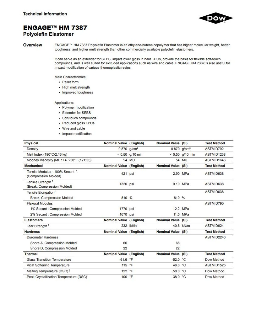 Factory Direct Supply Polymer Modification Virgin Poe 7387 Resin Polyolefin Elastomer Pellet