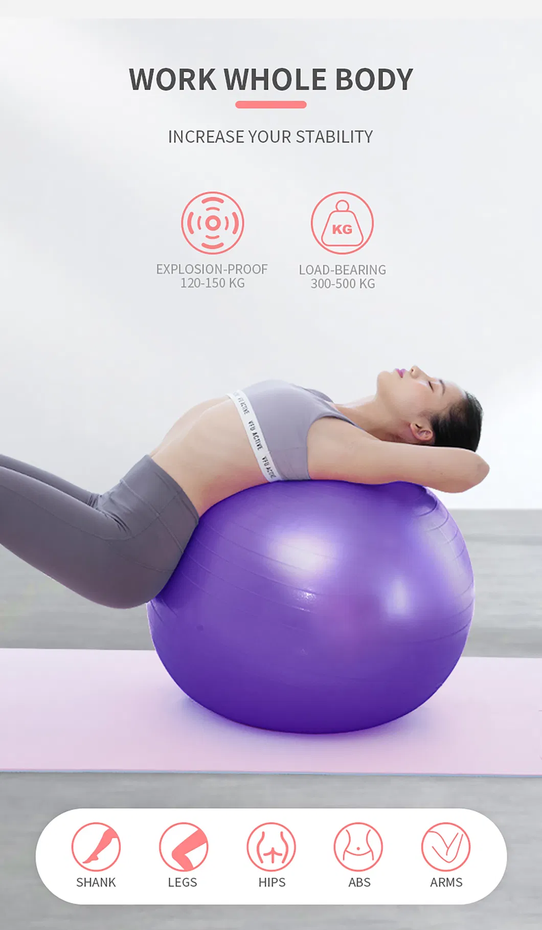 Custom Logo Anti Burst Big Core Pilates Wholesale 45cm 55cm 65cm 75cm PVC Yoga Ball