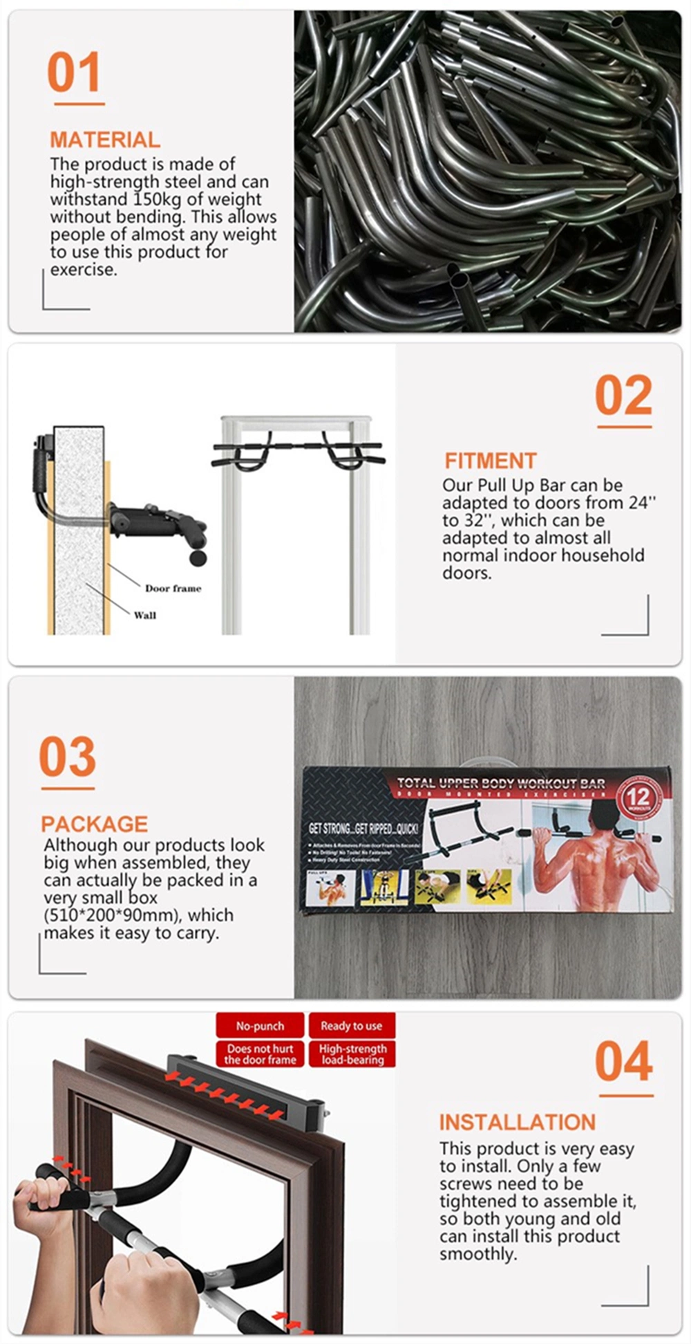 Multi Functional Horizontal Bar Wall Mounted Door Frame Pull up Bars