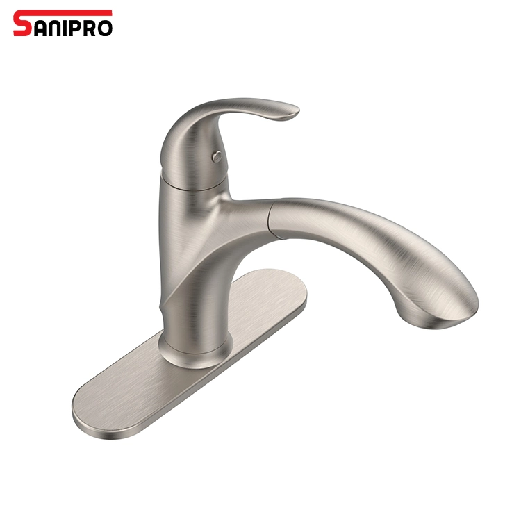 Sanipro USA Market Single Handle Basin Sink Water Tap Mixer Zinc Alloy Brushed Nickel Pull out Kitchen Faucet with Deck Plate
