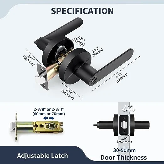 Matte Black Heavy Duty Keyless Privacy Door Lever Without Keys Interior Door Handle Reversible Left/Right Handed for Bathroom