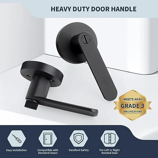 Matte Black Heavy Duty Keyless Privacy Door Lever Without Keys Interior Door Handle Reversible Left/Right Handed for Bathroom