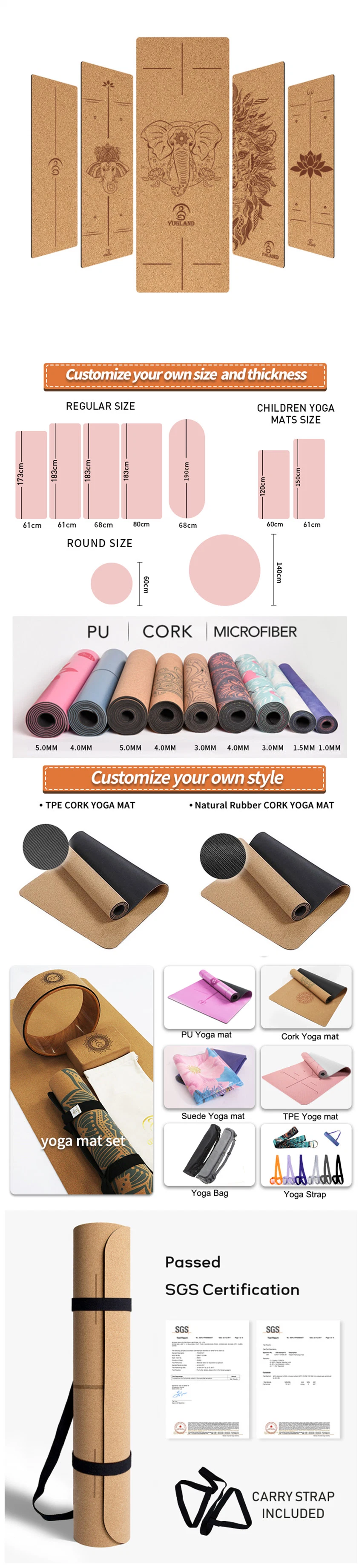 Private Label Custom Eco Friendly Natural Organic Non-Slip Pilates Exercise Mats Fitness Gym Sports Slimming Balance Training Pads Thick Cork Yoga Mat