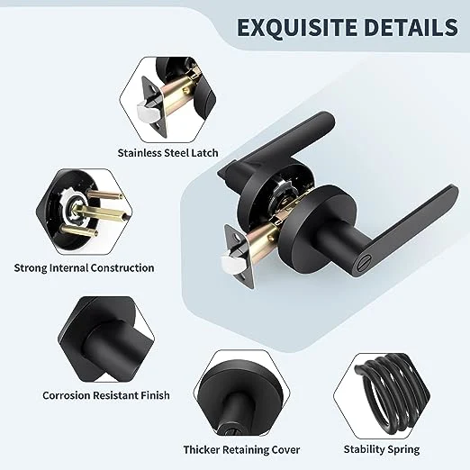 Matte Black Heavy Duty Keyless Privacy Door Lever Without Keys Interior Door Handle Reversible Left/Right Handed for Bathroom