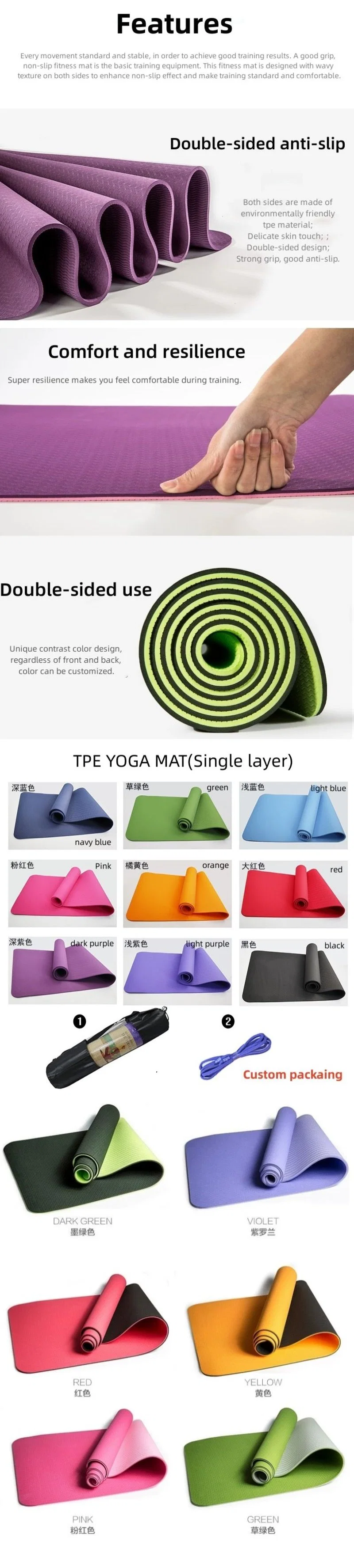 New Design Non-Slip Mat De Yoga Fitness Gynastic Mat Training Single Color TPE Yoga Mat