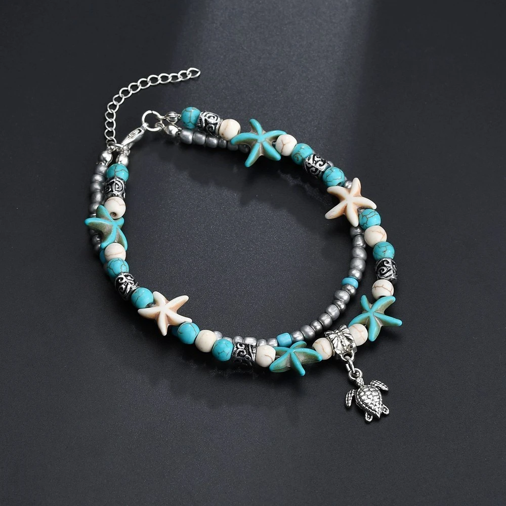 Blue Starfish Beach Turtle Anklet for Women Girls Boho Handmade Adjustable Beads Ankle Bracelet Foot Jewelry for Summer Esg13490