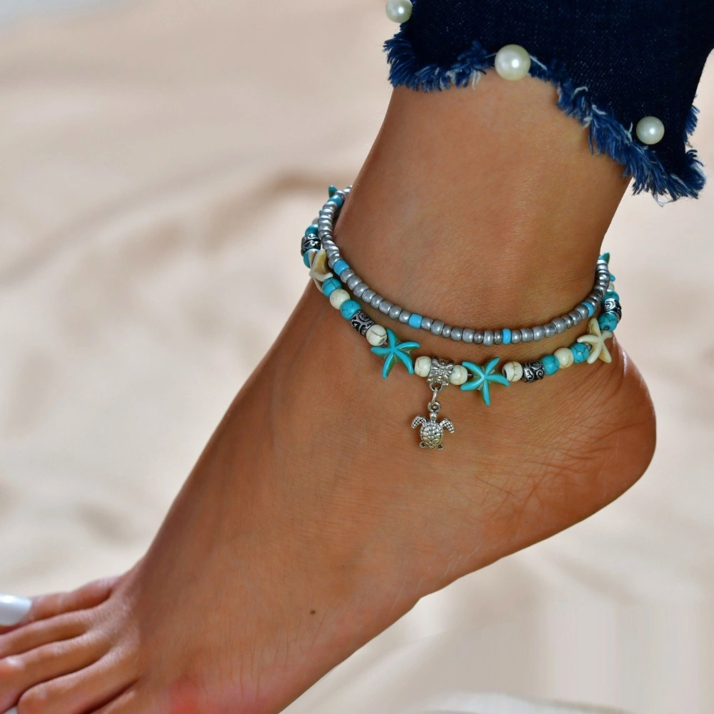 Blue Starfish Beach Turtle Anklet for Women Girls Boho Handmade Adjustable Beads Ankle Bracelet Foot Jewelry for Summer Esg13490