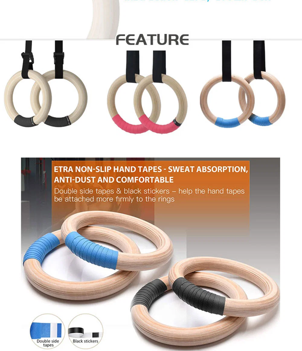 Anti Slippery Wooden Traditional Gymnastics Ring Gym Ring with Sweat-Absorbent Hand Tape