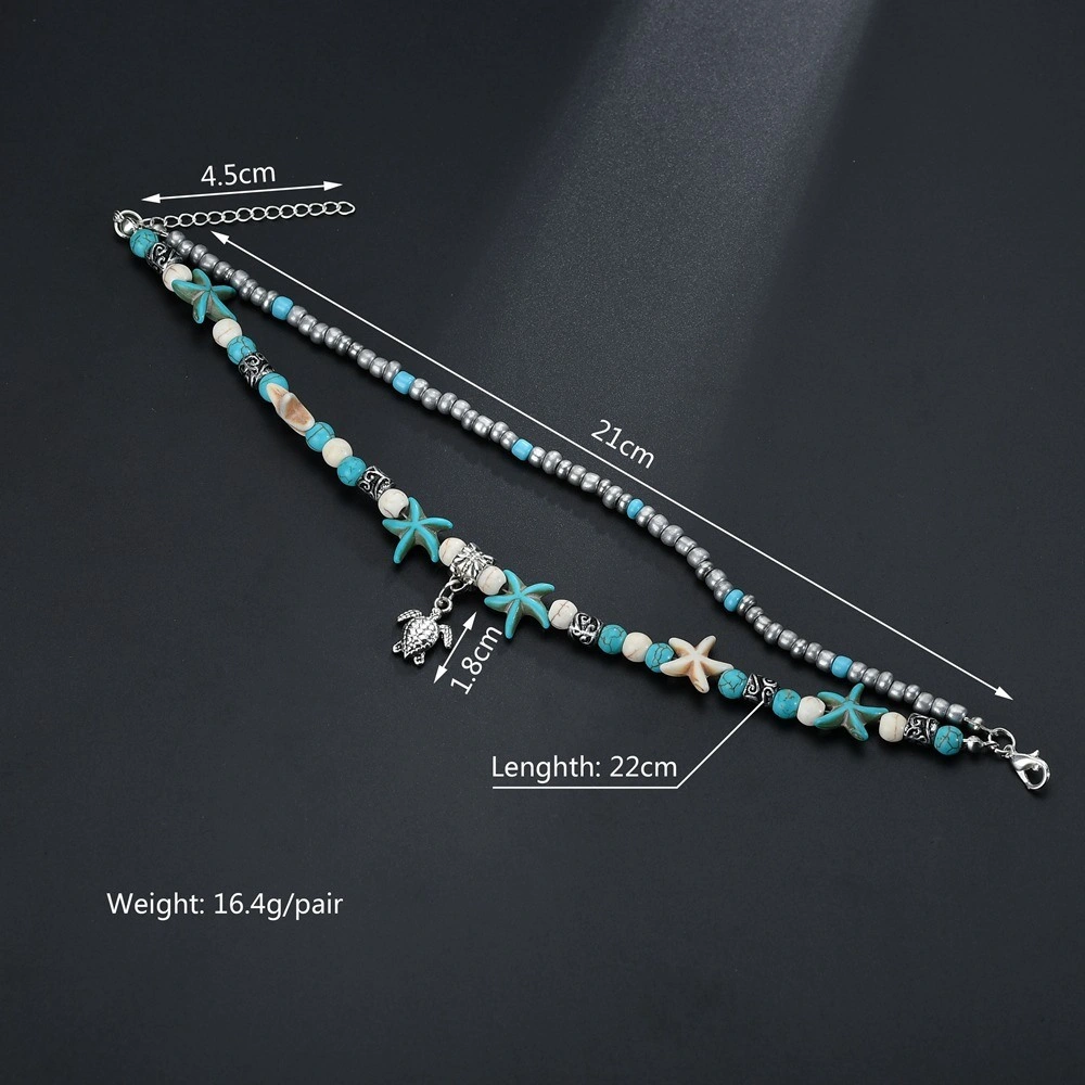 Blue Starfish Beach Turtle Anklet for Women Girls Boho Handmade Adjustable Beads Ankle Bracelet Foot Jewelry for Summer Esg13490