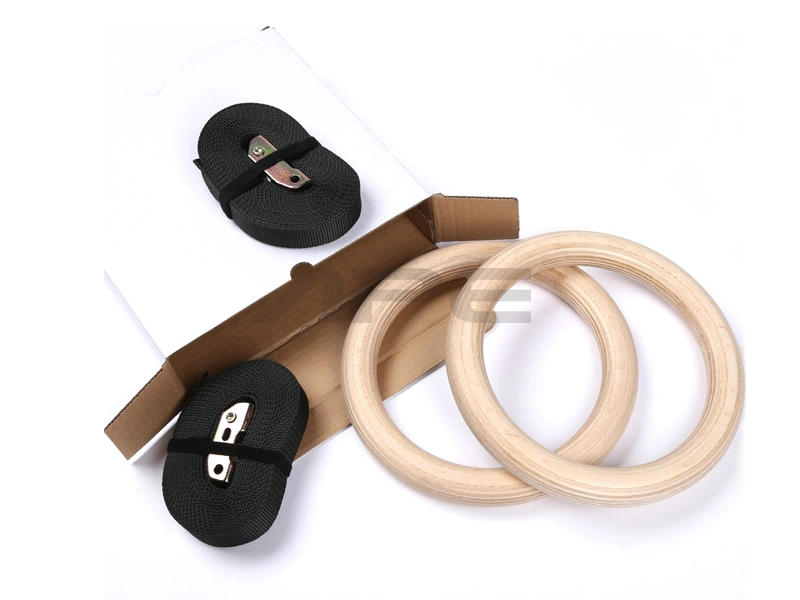Ape Fitness Hot Sale Gymnastic Wooden Gym Rings with Nylon Straps