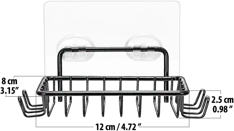 Soap Dish Holder with 4 Hooks Stainless Steel Black Adhesive for Shower, Bathroom