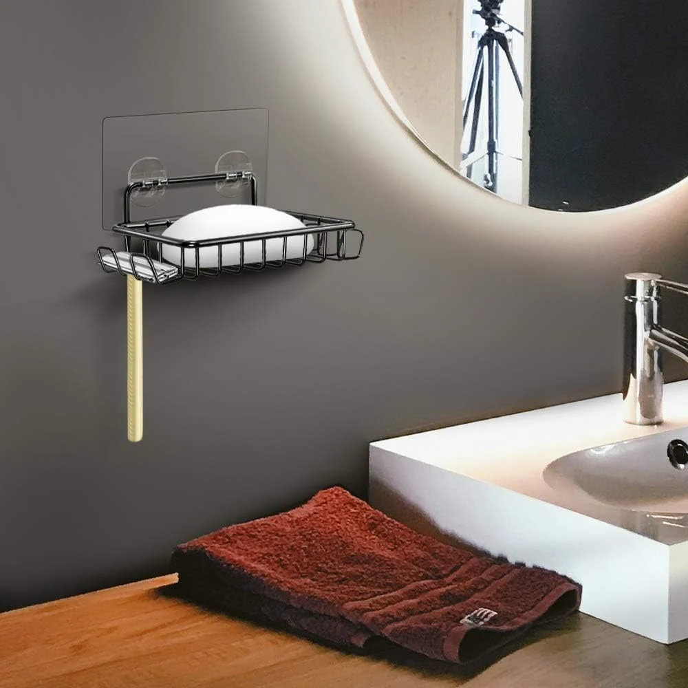 Soap Dish Holder with 4 Hooks Stainless Steel Black Adhesive for Shower, Bathroom