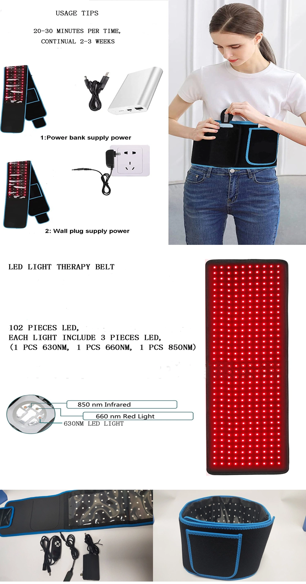 2024 New Technology 660nm 850nm Heating Waist Support Belt Heating Physical Therapy Waist Support Belt LED Red Infrared Light Therapy Belt