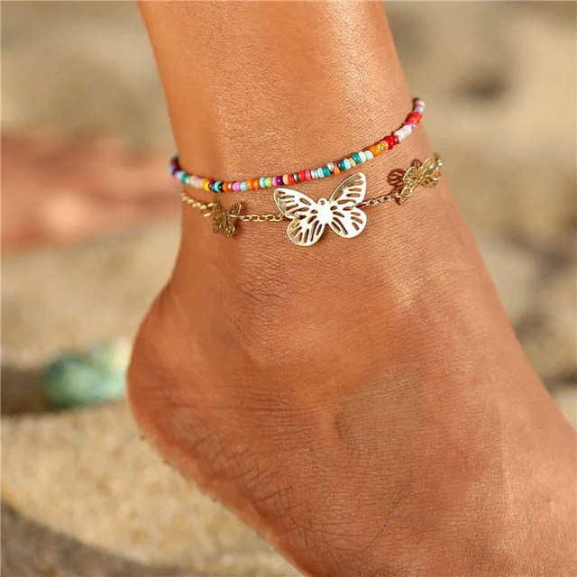 Fashion 4 Piece Gold Plated Anklet Set Cuban Chain Beaded Jewelry Bracelet Anklet