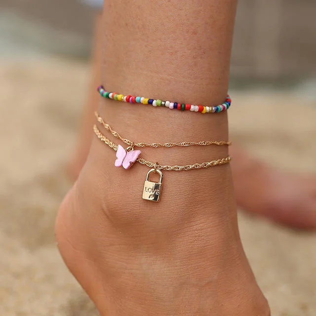 Fashion 4 Piece Gold Plated Anklet Set Cuban Chain Beaded Jewelry Bracelet Anklet
