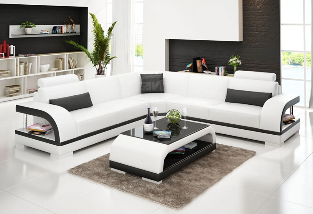 Commercial Office Use Classic Style L-Shaped Genuine Leather Furniture Sofa Bench with Tea Table