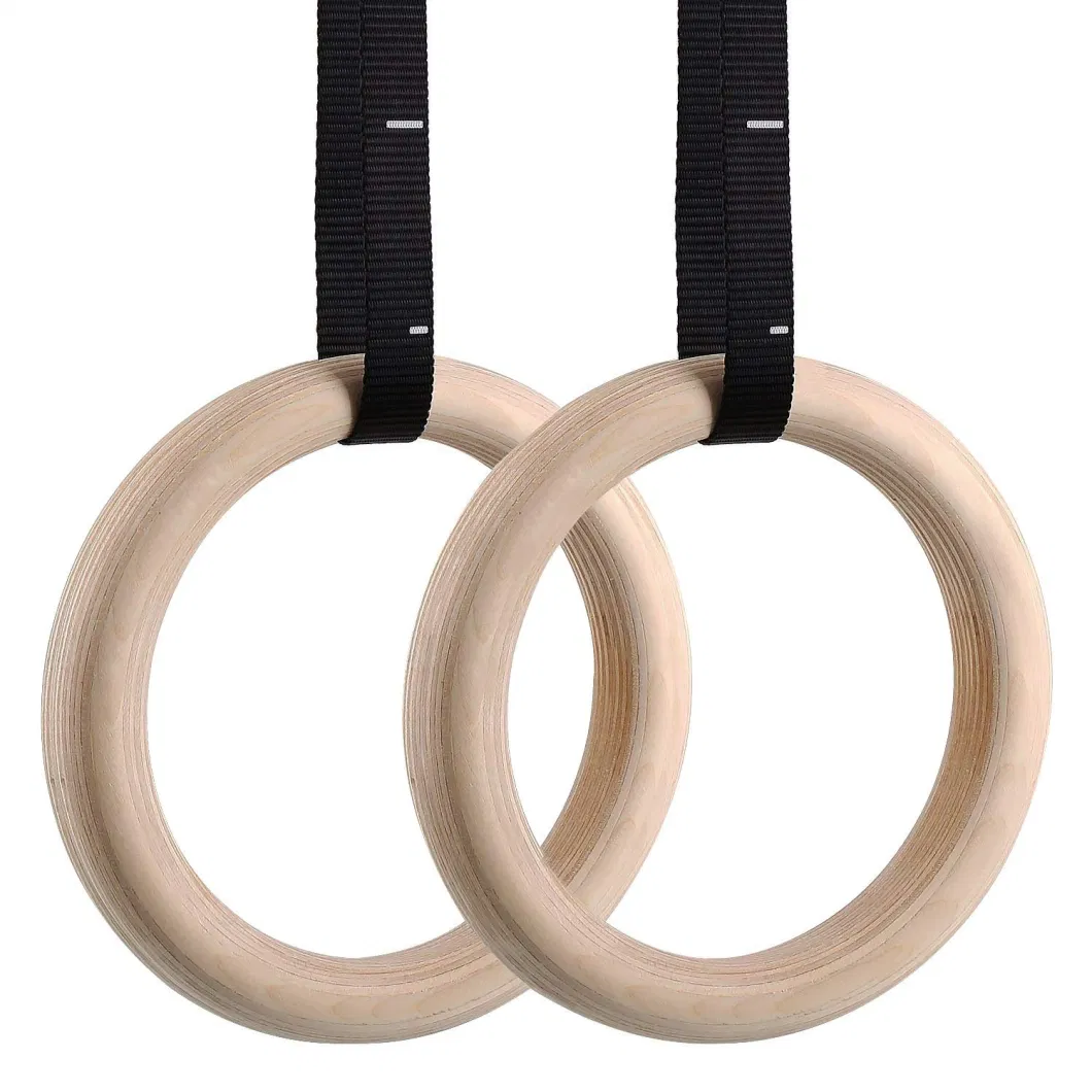 Eco Friendly Gym Equipment Nylon Strap Gymnastic Chin up Push up Training Wooden Rings Gym Fitness Set Tools Gym Ring