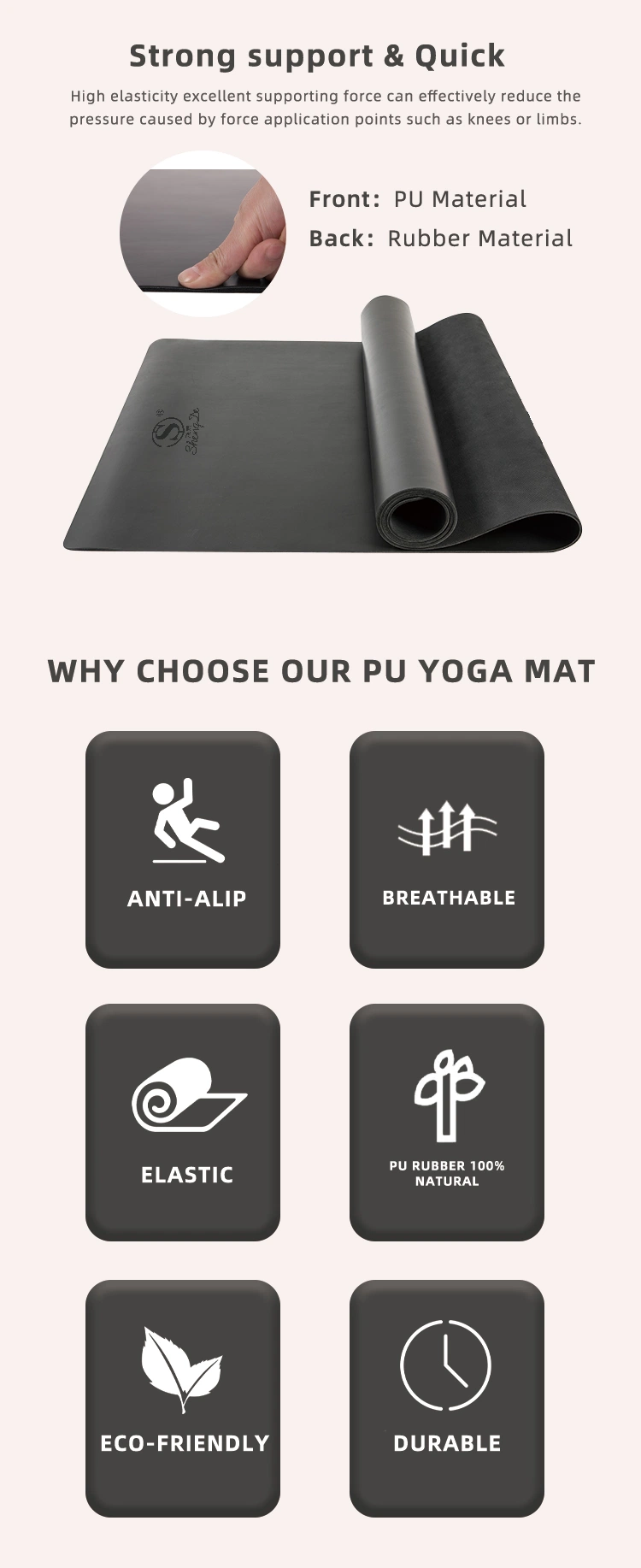 183*61cm*4mm Polyurethane Yoga Matt, Natural Rubber PU Yoga Mat with Factory Price