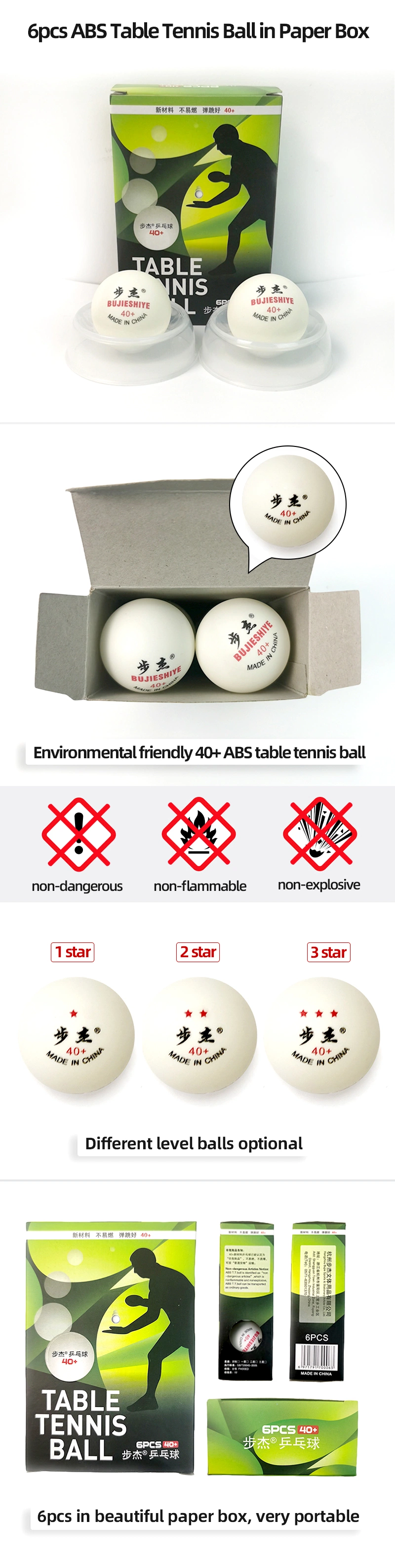 0-3 Star Ping Pong Balls Good Quality ABS 6PCS Pack Table Tennis Balls for Indoor Sport New ABS Material 40+ Balls