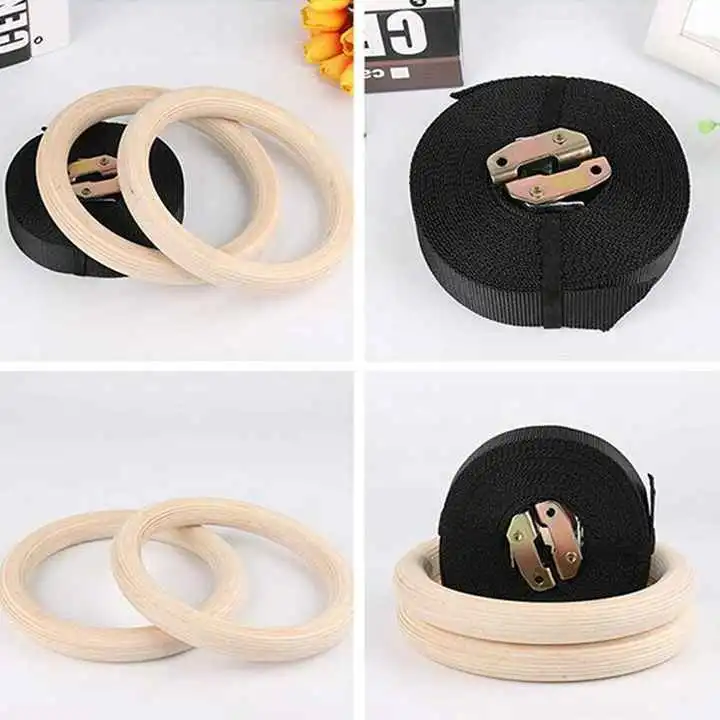 Fitness Equipment Gym Rings Wooden Gymnastic Rings with Adjustable Straps Exercise Rings