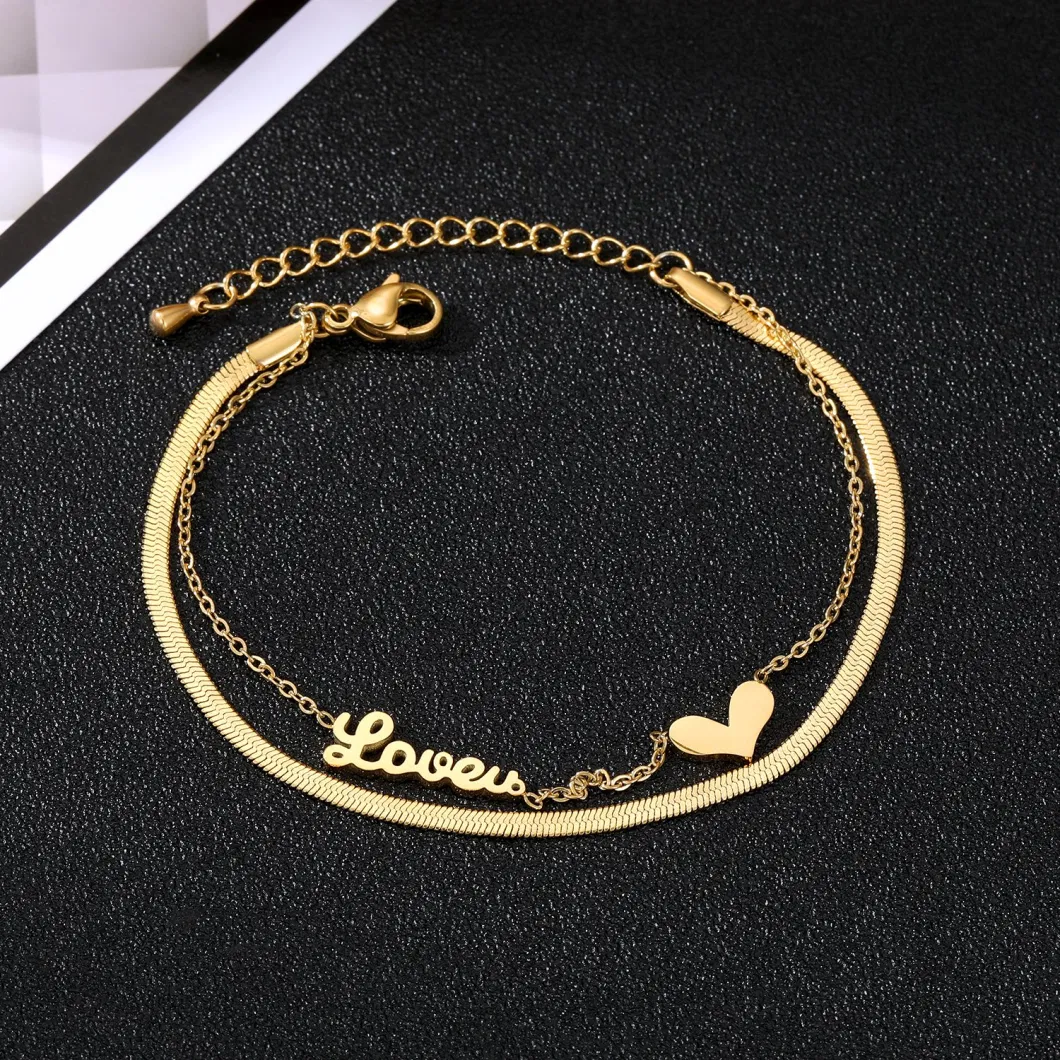 Stainless Steel Simple Double Layer Love Beach Chain Waterproof Heart Fine Jewelry Anklets for Girls