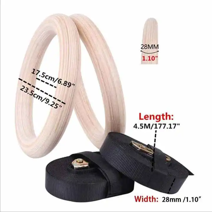 Fitness Equipment Gym Rings Wooden Gymnastic Rings with Adjustable Straps Exercise Rings