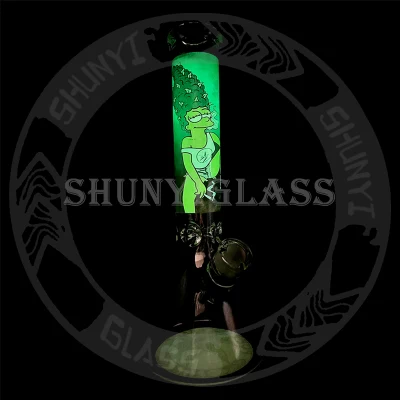 14&prime; &prime; Luminous Glass Pipe with Simpsons Picture Heady Beaker Smoke Water Pipes Dark in The Night