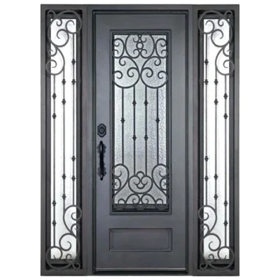 Modern Exterior Single Swing Iron Pipe Security Entry Door Custom French Wrought Iron Front Doors with Sidelights