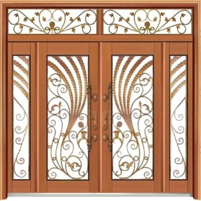 Craftsman Style Square Custom Exterior Double Wrought Iron Door