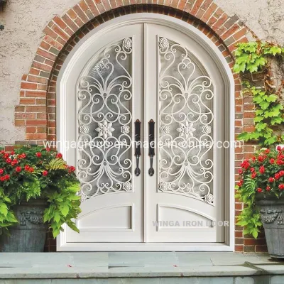 Popular America with Mosquito Net Open Glass Double Front Entry Security Wrought Iron Metal Steel Gate Door