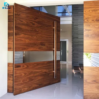 Front Entry Solid Wood Glass Panels Pivot Door with Fixed Window Design