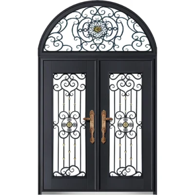 Craftsman Style Square Custom Exterior Double Wrought Iron Door