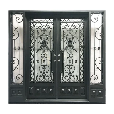 Modern Exterior Single Swing Iron Pipe Security Entry Door Custom French Wrought Iron Front Doors with Sidelights