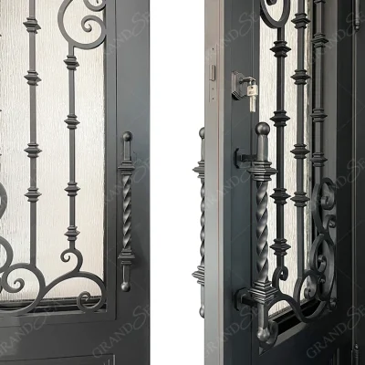 Hand Made Residential House Interior Partition Arched Steel Door Wrought Iron Frosted Double French Glass Iron Door Entry