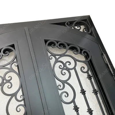 Hand Made Residential House Interior Partition Arched Steel Door Wrought Iron Frosted Double French Glass Iron Door Entry