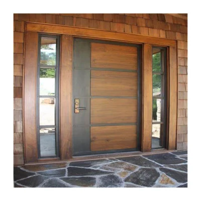 China Factory Us Modern Design Exterior Pivot Solid Wood Door with Sidelights