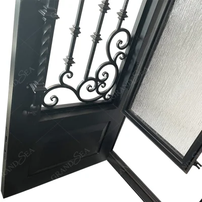 Hand Made Residential House Interior Partition Arched Steel Door Wrought Iron Frosted Double French Glass Iron Door Entry