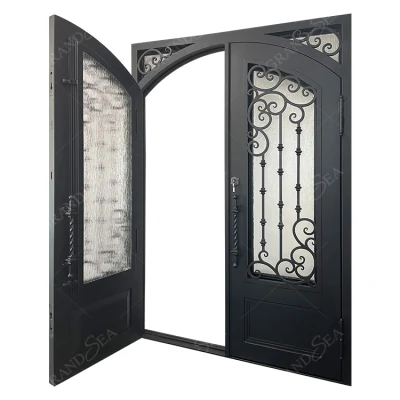 Hand Made Residential House Interior Partition Arched Steel Door Wrought Iron Frosted Double French Glass Iron Door Entry