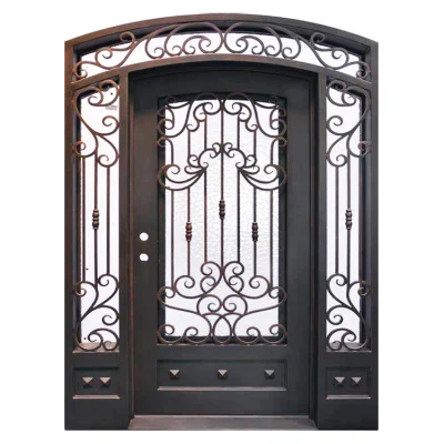 Modern Exterior Single Swing Iron Pipe Security Entry Door Custom French Wrought Iron Front Doors with Sidelights