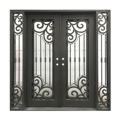 Modern Exterior Single Swing Iron Pipe Security Entry Door Custom French Wrought Iron Front Doors with Sidelights
