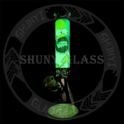 14&prime; &prime; Luminous Glass Pipe with Simpsons Picture Heady Beaker Smoke Water Pipes Dark in The Night