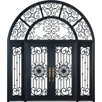 Craftsman Style Square Custom Exterior Double Wrought Iron Door