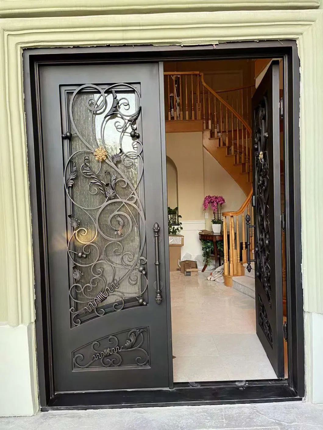 European Style Arched Main Entrance Front Entry Wrought Iron Door French Exterior Double Glass Wrought Iron Glass Doors