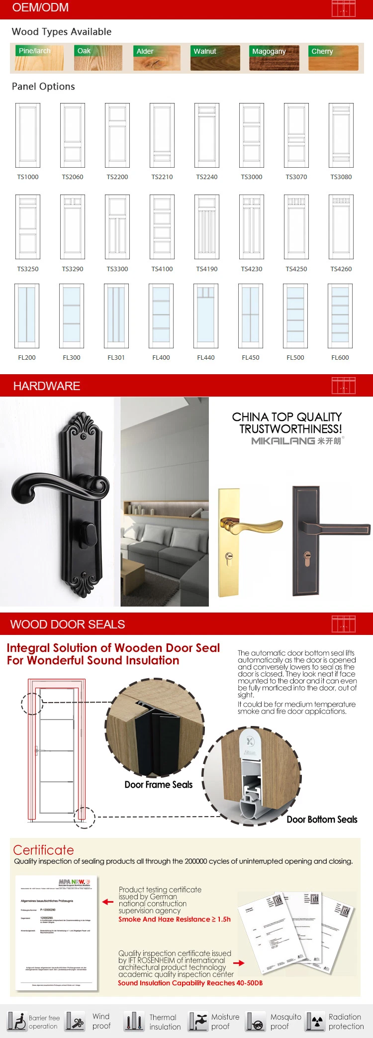 White Color Oak Wood Interior Raised Panel Door