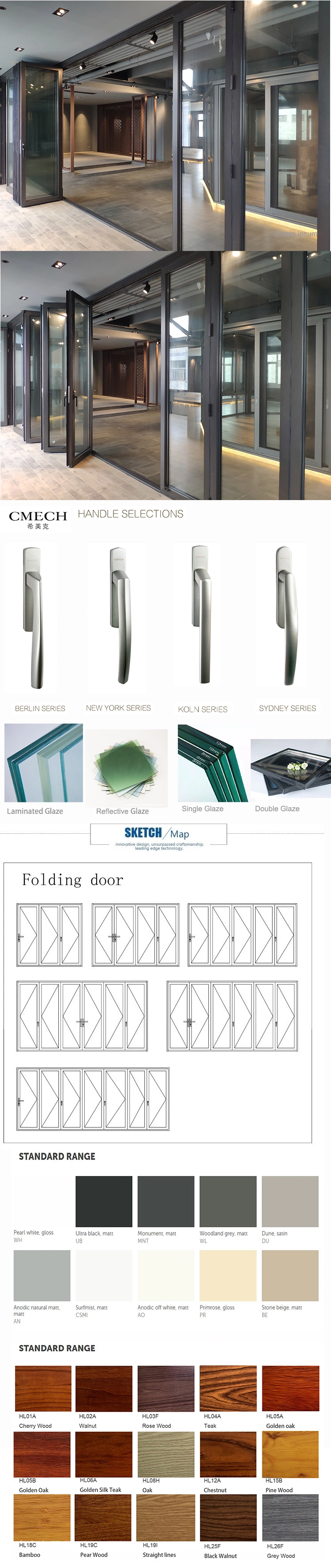 Classic Double Glass Entry Bi Folding Door Aluminum Door