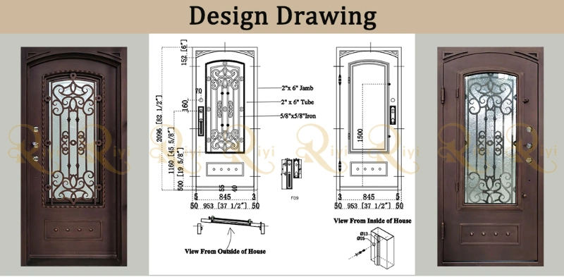 Customized Hurricane Impact Double Glass Exterior Wrought Iron Front Door