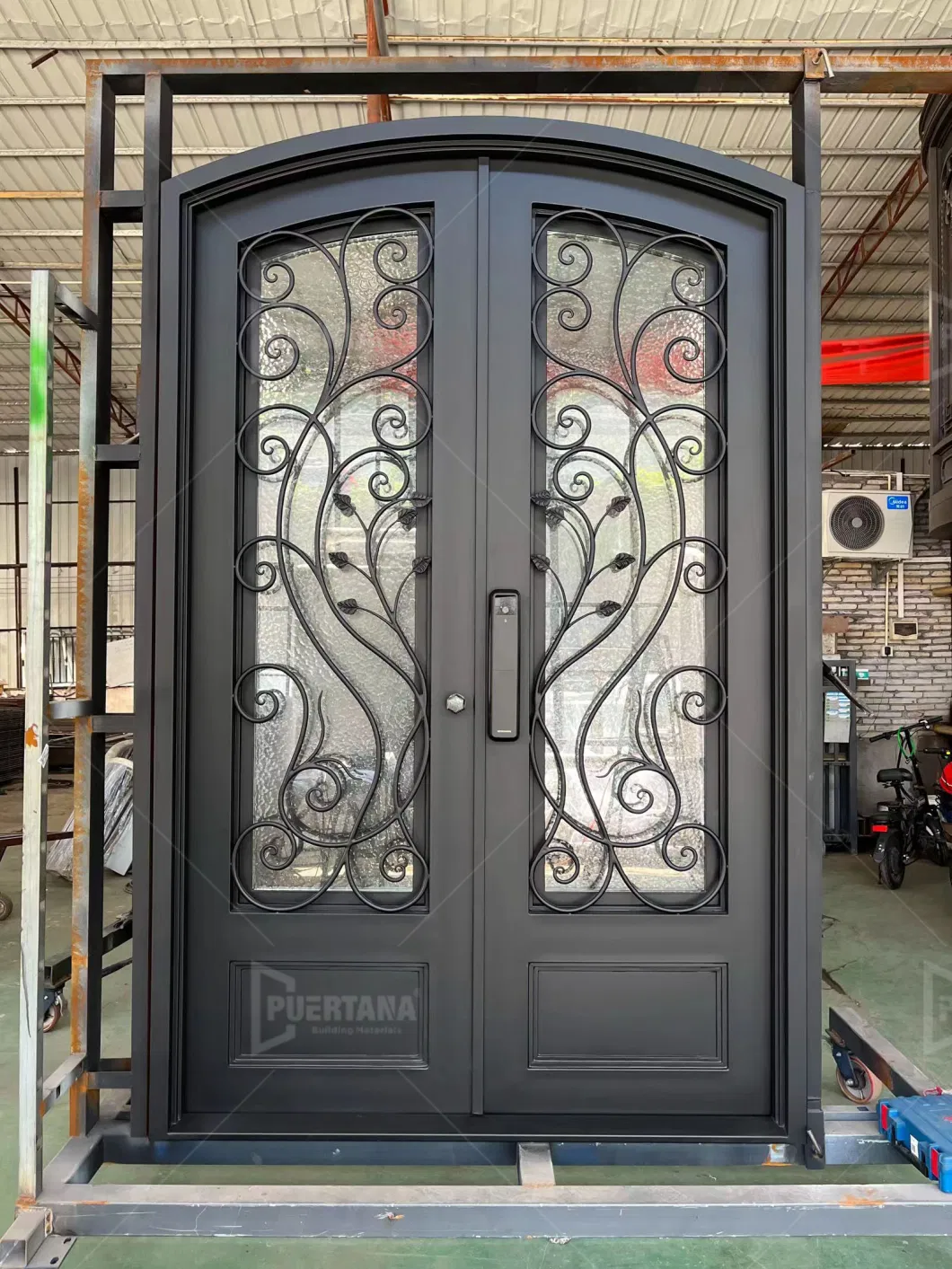 Grapevine Pre Hung Double Front Entry Wrought Iron Door with Rain Glass