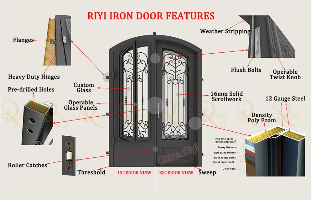 Eyebrow Elegant Wrought Iron Exterior Low E Front Doors with Trim and Sidelights