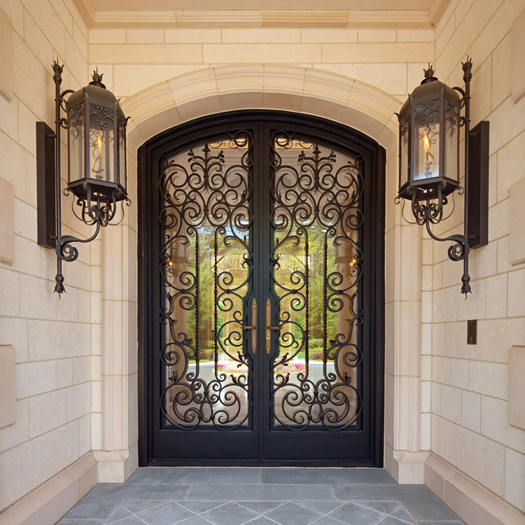 Modern Exterior Single Swing Iron Pipe Security Entry Door Custom French Wrought Iron Front Doors with Sidelights